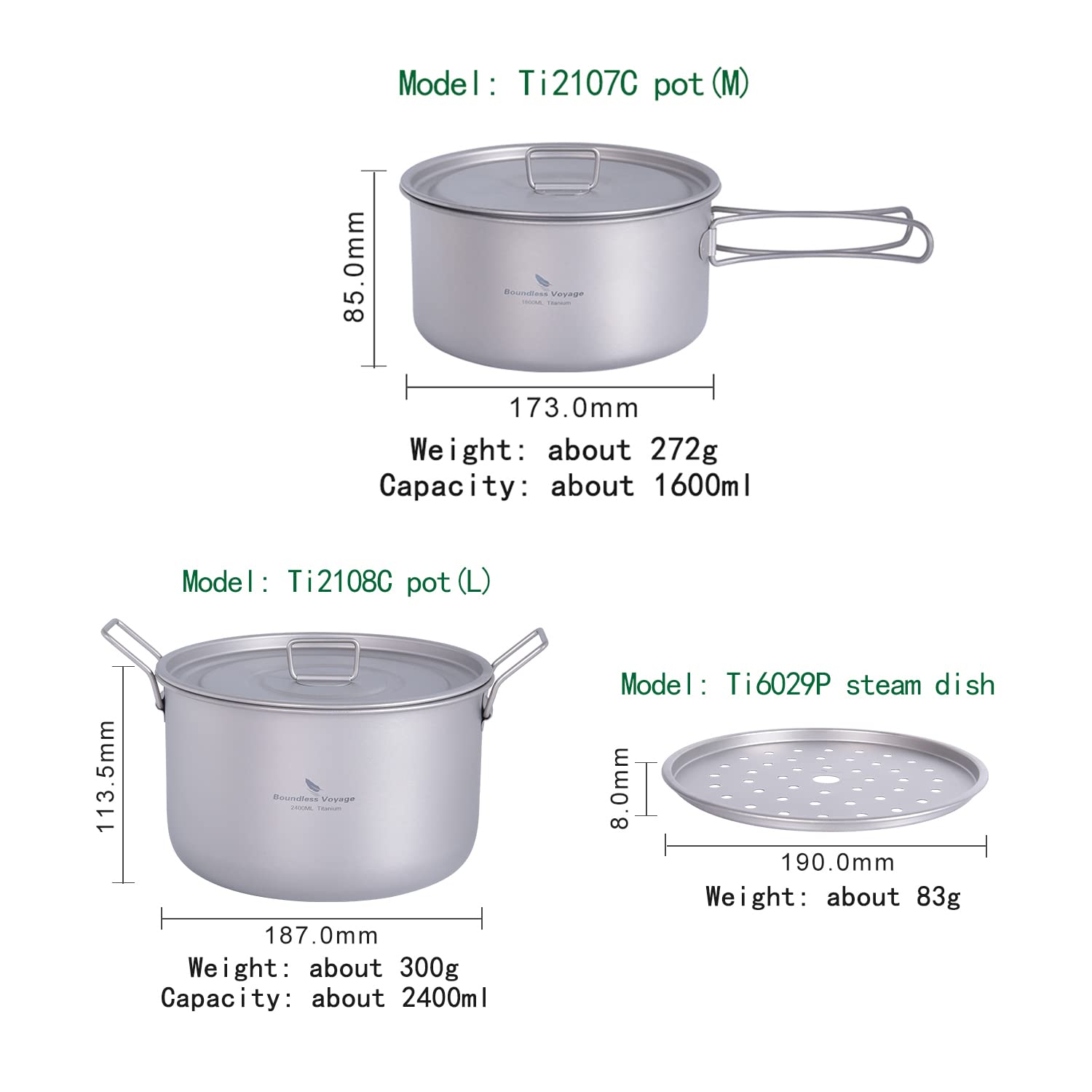 Boundless Voyage Camping Cookware Lightweight Cooking Pot Set Titanium Pot Portable for Outdoor Cooking Traveling Hiking Trekking Backpacking, 1-5 Person (107C-108C-29P)