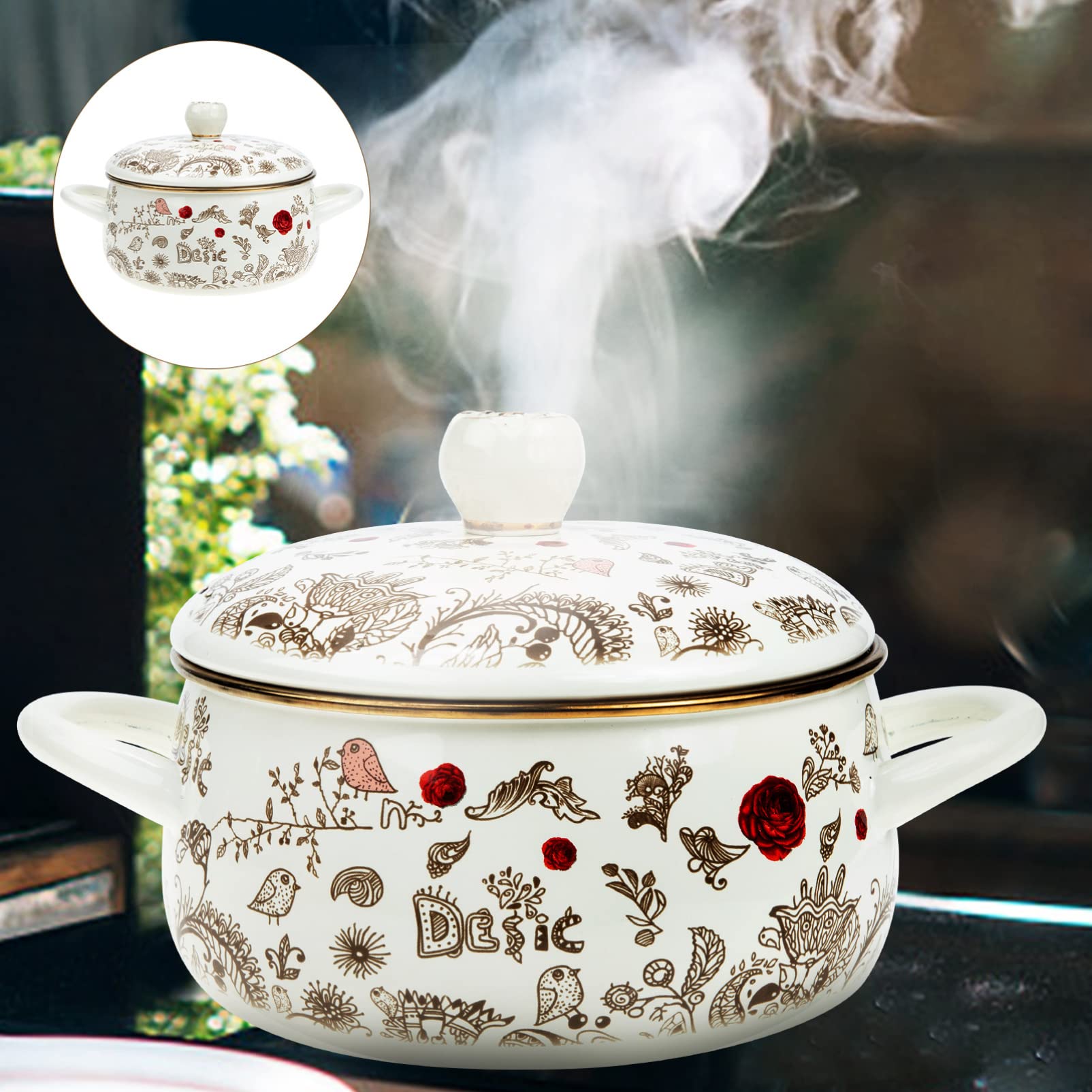 Yardwe Flower Enamel Stock Pot with Lid Cooking Pot Non Stick Soup Pot Casserole Pot Pasta Pot Sauce Pot with Handle for Kitchen 18cm