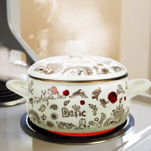 Yardwe Flower Enamel Stock Pot with Lid Cooking Pot Non Stick Soup Pot Casserole Pot Pasta Pot Sauce Pot with Handle for Kitchen 18cm