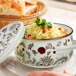 Yardwe Flower Enamel Stock Pot with Lid Cooking Pot Non Stick Soup Pot Casserole Pot Pasta Pot Sauce Pot with Handle for Kitchen 18cm