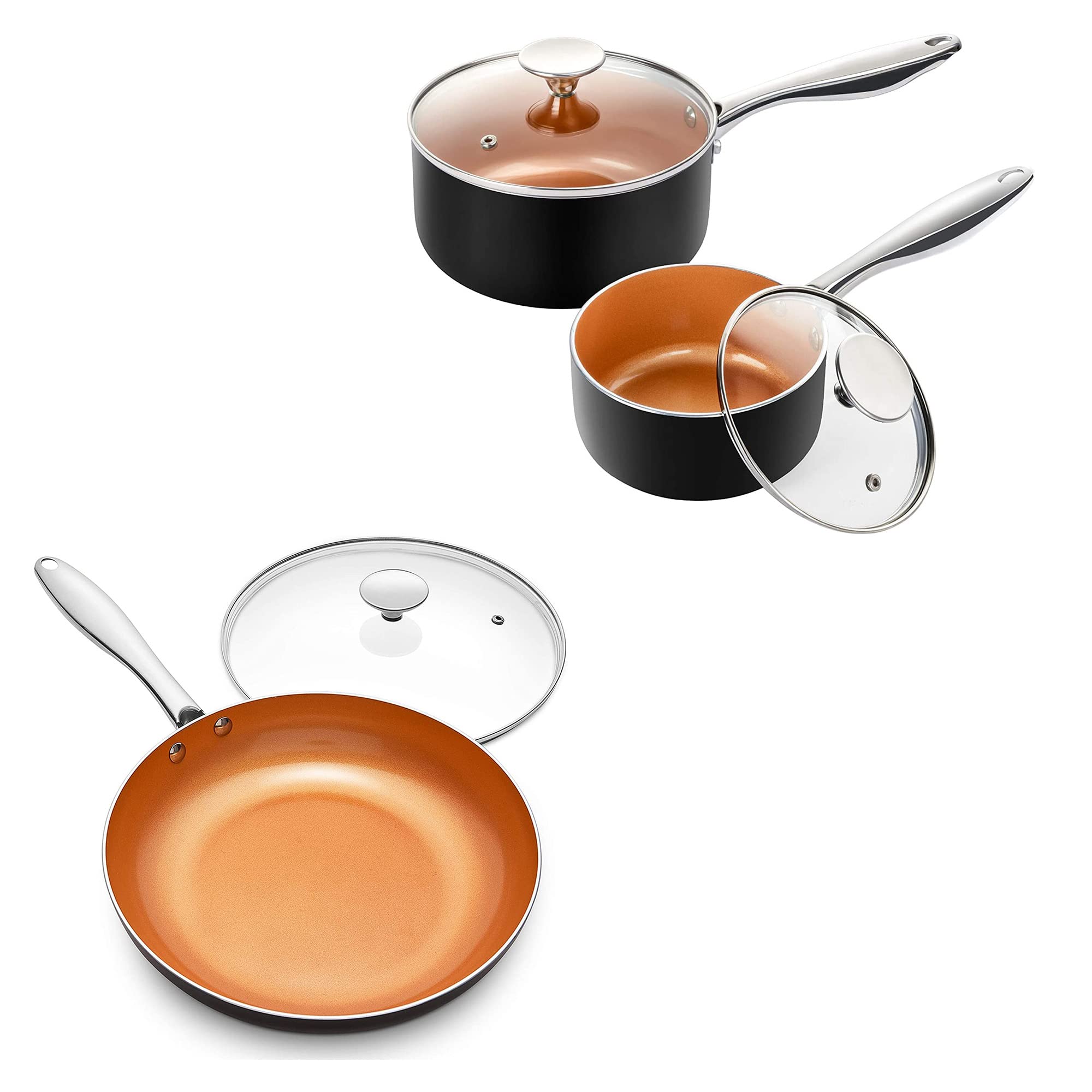 MICHELANGELO 1Qt & 2Qt Saucepan with Lids +12 Inch Frying Pan, Ceramic Nonstick Pan Set with Lid, Small Nonstick Coppper Pan with Lid and Copper Pot and Pan