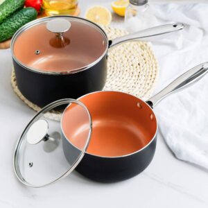 MICHELANGELO 1Qt & 2Qt Saucepan with Lids +12 Inch Frying Pan, Ceramic Nonstick Pan Set with Lid, Small Nonstick Coppper Pan with Lid and Copper Pot and Pan