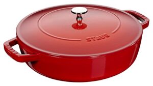 staub 40511-475 braiser saute pan, cherry, 9.4 inches (24 cm), double handed, cast enameled pot, shallow type, sukiyaki, induction compatible, made in japan