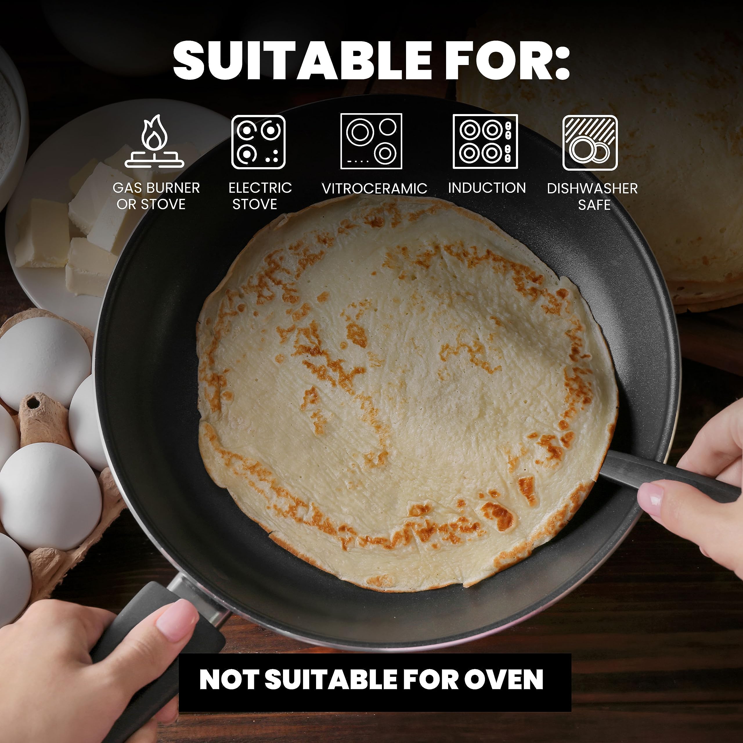 Machika Crepe Pan | Non-Stick Pancake Pan with Large Handle | Omelette Pan Nonstick | Perfect for Tortilla, Pita Bread, and Pizza Recipes | Flat Skillet Compatible with All Stoves | Black | 11”