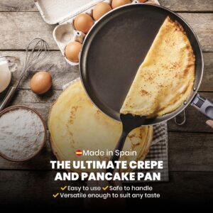 Machika Crepe Pan | Non-Stick Pancake Pan with Large Handle | Omelette Pan Nonstick | Perfect for Tortilla, Pita Bread, and Pizza Recipes | Flat Skillet Compatible with All Stoves | Black | 11”