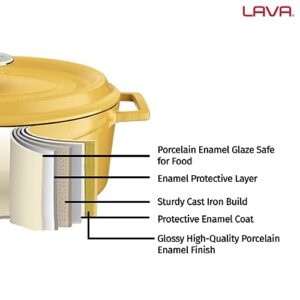 LAVA 3.7 Quart Enameled Cast Iron Braiser: Multipurpose Stylish Yellow Round Dutch Oven Pot with Enameled Black Interior and Trendy Lid