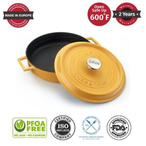 LAVA 3.7 Quart Enameled Cast Iron Braiser: Multipurpose Stylish Yellow Round Dutch Oven Pot with Enameled Black Interior and Trendy Lid