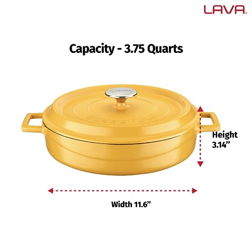 LAVA 3.7 Quart Enameled Cast Iron Braiser: Multipurpose Stylish Yellow Round Dutch Oven Pot with Enameled Black Interior and Trendy Lid