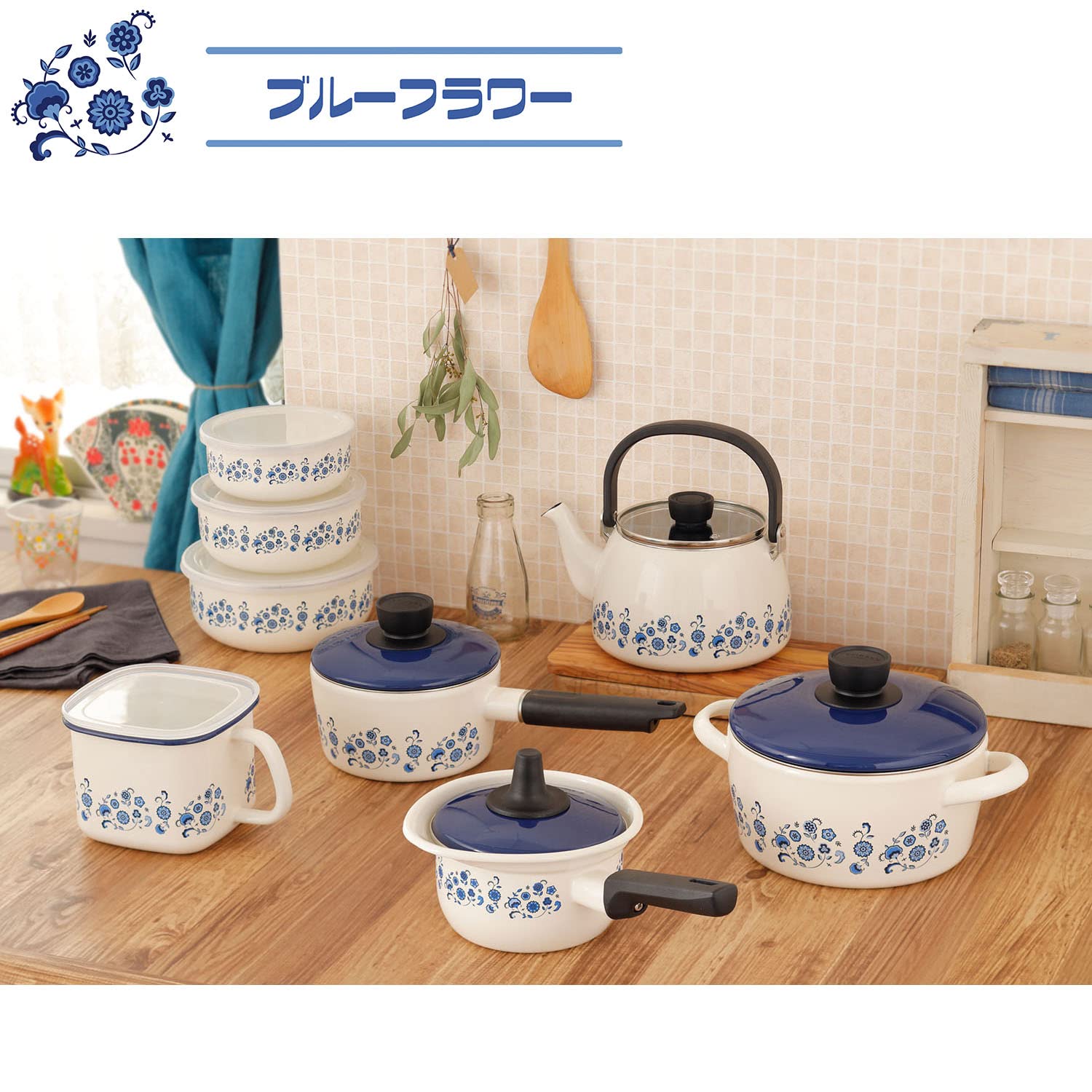 Fuji Enamel 70s Reprint Pattern, Showa Retro, Enamel, One-Handed Pot, Milk Pan, 5.5 inches (14 cm), Induction Compatible, Memories Blue Flower