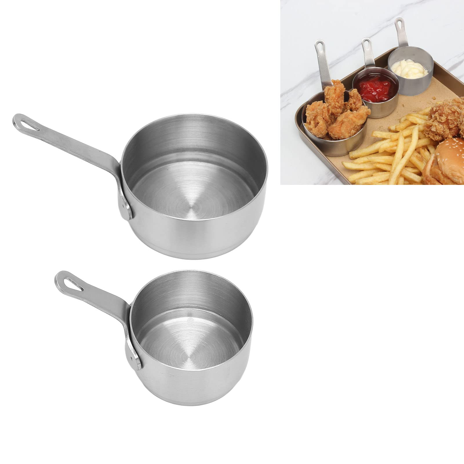 2pcs Sauce Cup 304 Stainless Steel Stackable Handle Design Mini Sauce Pan for Banquet Outdoor Picnic,Ramekin Dipping Sauce Seasoning Bowls with Handle for Gravy, Pepper