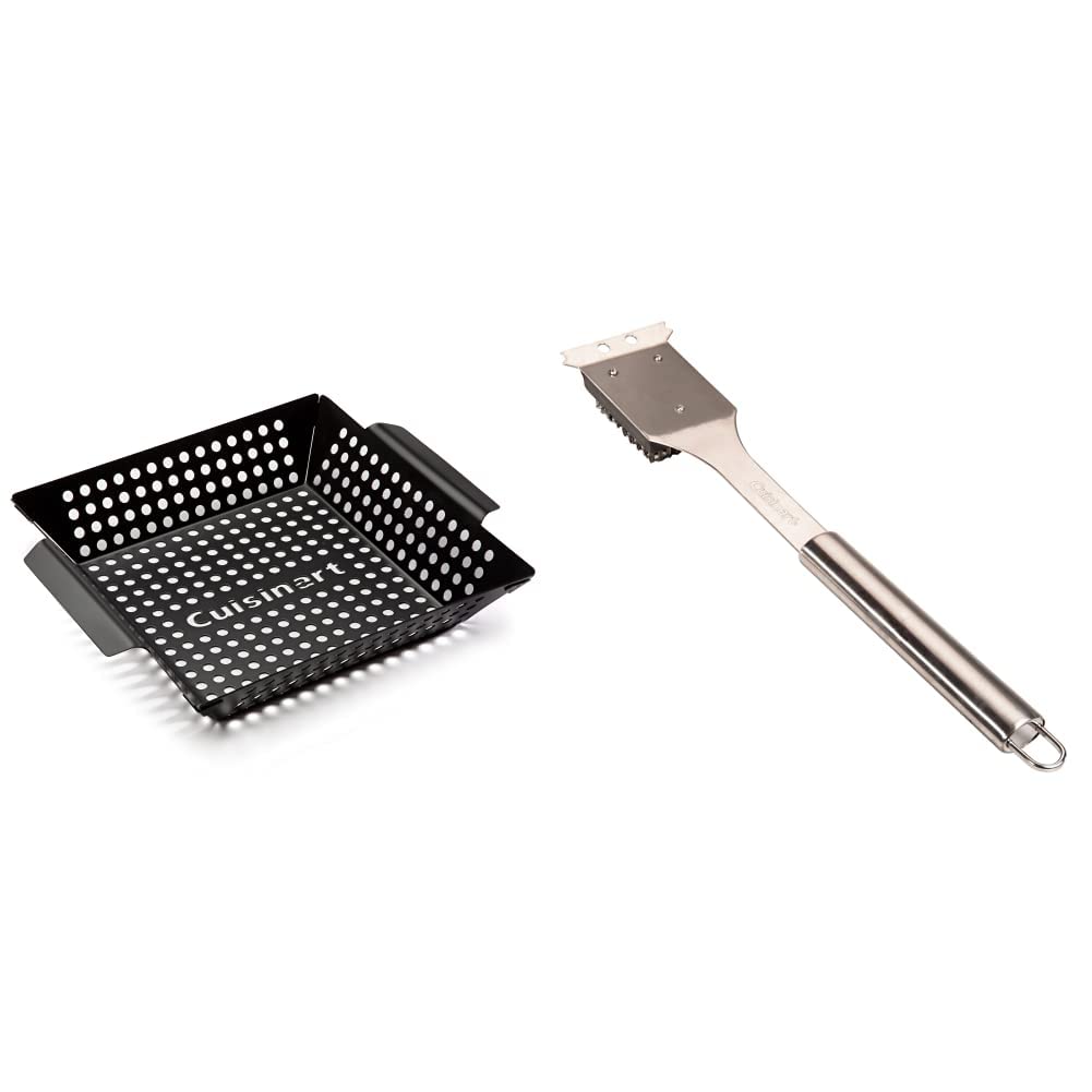 Cuisinart CNW-328 Non Stick 11-Inch, 11 x 11, Grill Wok, 11" x 11" & CCB-5014 BBQ Grill Cleaning Brush and Scraper, 16.5", Stainless Steel, 16. 5"