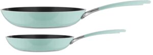 kitchenaid aluminum nonstick 10" and 12" skillets twin pack fry pans, heavy-gauge 4.0 stainless steel base induction dishwasher oven safe, ice blue
