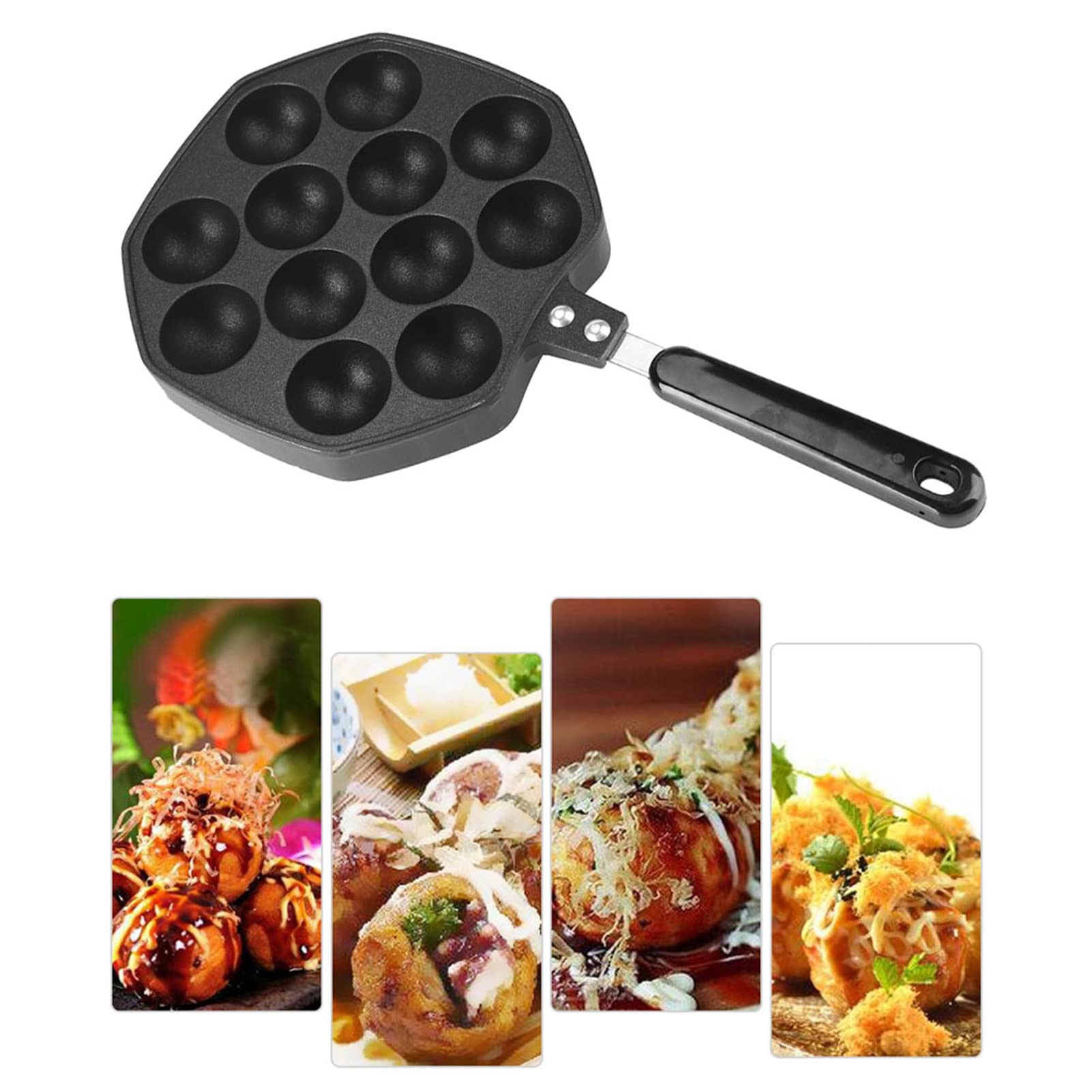 Fdit Black 12 Cavities Aluminum Non-stick Takoyaki Grill Pan Plate Octopus Meatballs Baking for Home Kithen, Dining Room