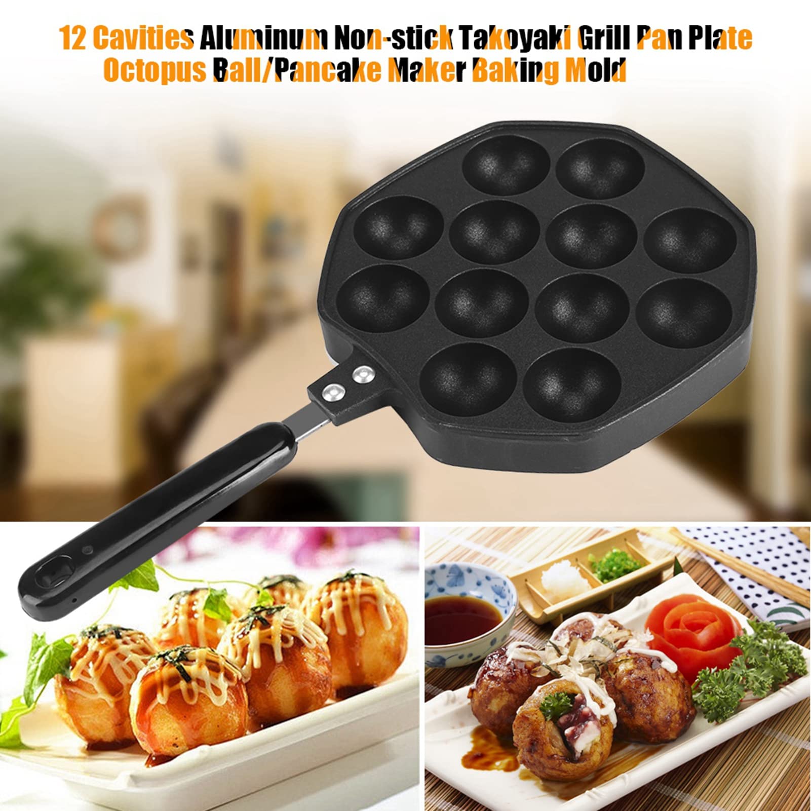 Fdit Black 12 Cavities Aluminum Non-stick Takoyaki Grill Pan Plate Octopus Meatballs Baking for Home Kithen, Dining Room