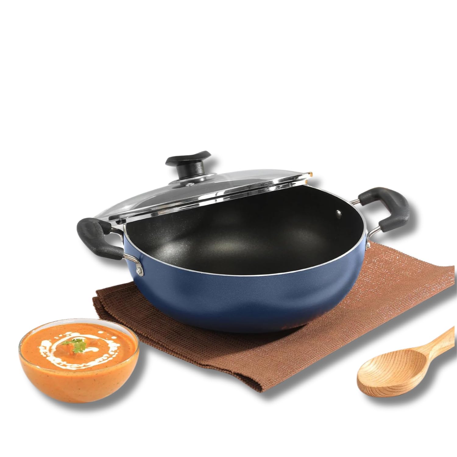 Vinod Cookware Non Stick Deep Kadai with Lid 4.1 Liters, Blue/Black, ZNKL-26