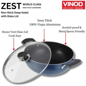 Vinod Cookware Non Stick Deep Kadai with Lid 4.1 Liters, Blue/Black, ZNKL-26