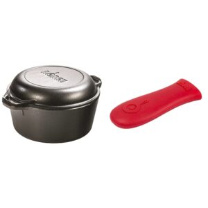 lodge cast iron serving pot cast iron double dutch oven, 5-quart & silicone hot handle holder - red heat protecting silicone handle for cast iron skillets with keyhole handle