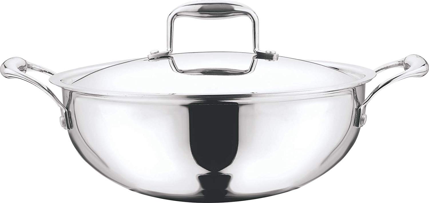 Vinod Induction Friendly Platinum (TRI PLY) 18/8 Stainless Steel Extra Deep Kadai with Stainless Steel Lid (18cm, 1.1 Litre)