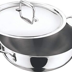 Vinod Induction Friendly Platinum (TRI PLY) 18/8 Stainless Steel Extra Deep Kadai with Stainless Steel Lid (18cm, 1.1 Litre)