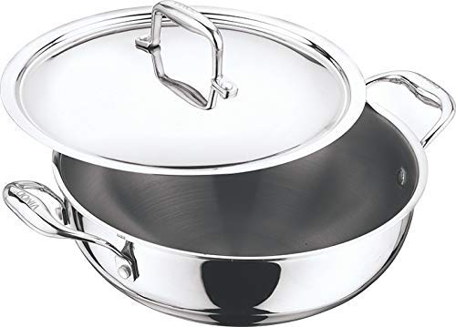 Vinod Induction Friendly Platinum (TRI PLY) 18/8 Stainless Steel Extra Deep Kadai with Stainless Steel Lid (18cm, 1.1 Litre)