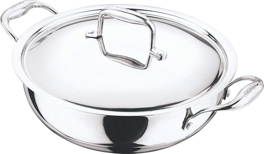 Vinod Induction Friendly Platinum (TRI PLY) 18/8 Stainless Steel Extra Deep Kadai with Stainless Steel Lid (18cm, 1.1 Litre)