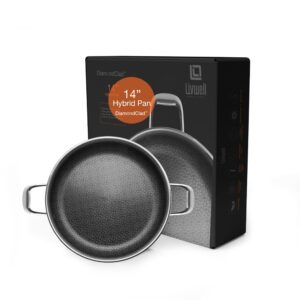 livwell diamondclad™ 14-inch hybrid nonstick stainless steel frying pan, dishwasher safe, pfoa-free – silver/black