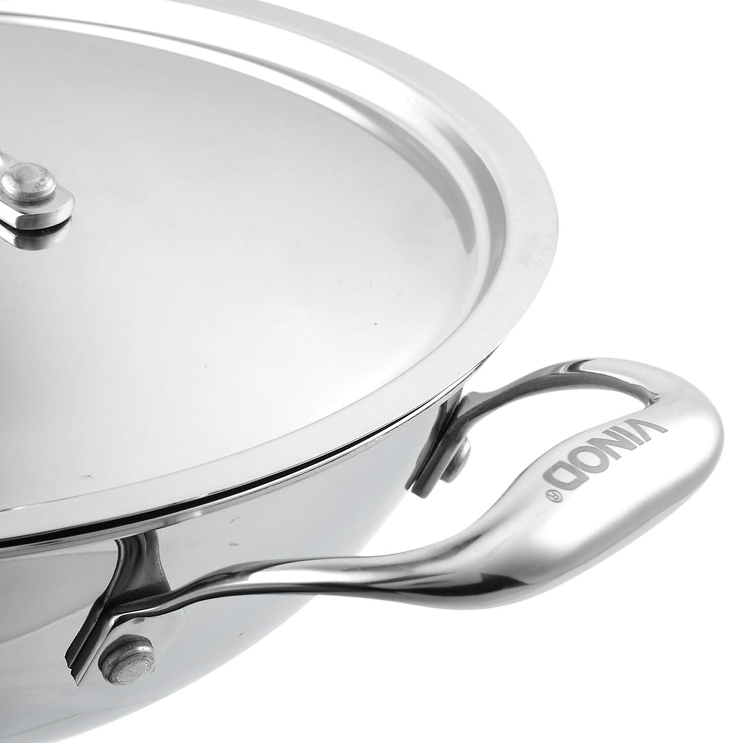 Vinod Cookware Food Grade 3.7 Litre Induction Friendly Platinum (TRI PLY) 18/8 Stainless Steel Kadai with Stainless Steel Lid (28cm, 3.7 Litre)