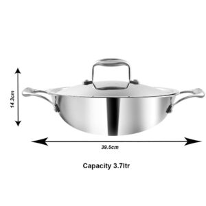 Vinod Cookware Food Grade 3.7 Litre Induction Friendly Platinum (TRI PLY) 18/8 Stainless Steel Kadai with Stainless Steel Lid (28cm, 3.7 Litre)