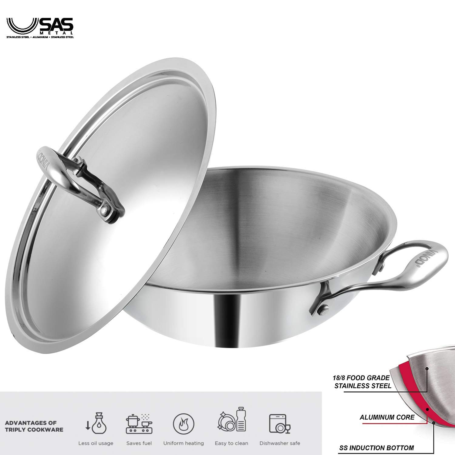 Vinod Cookware Food Grade 3.7 Litre Induction Friendly Platinum (TRI PLY) 18/8 Stainless Steel Kadai with Stainless Steel Lid (28cm, 3.7 Litre)