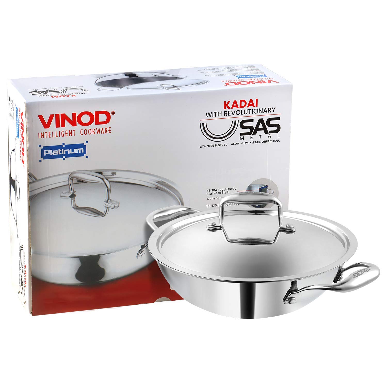 Vinod Cookware Food Grade 3.7 Litre Induction Friendly Platinum (TRI PLY) 18/8 Stainless Steel Kadai with Stainless Steel Lid (28cm, 3.7 Litre)