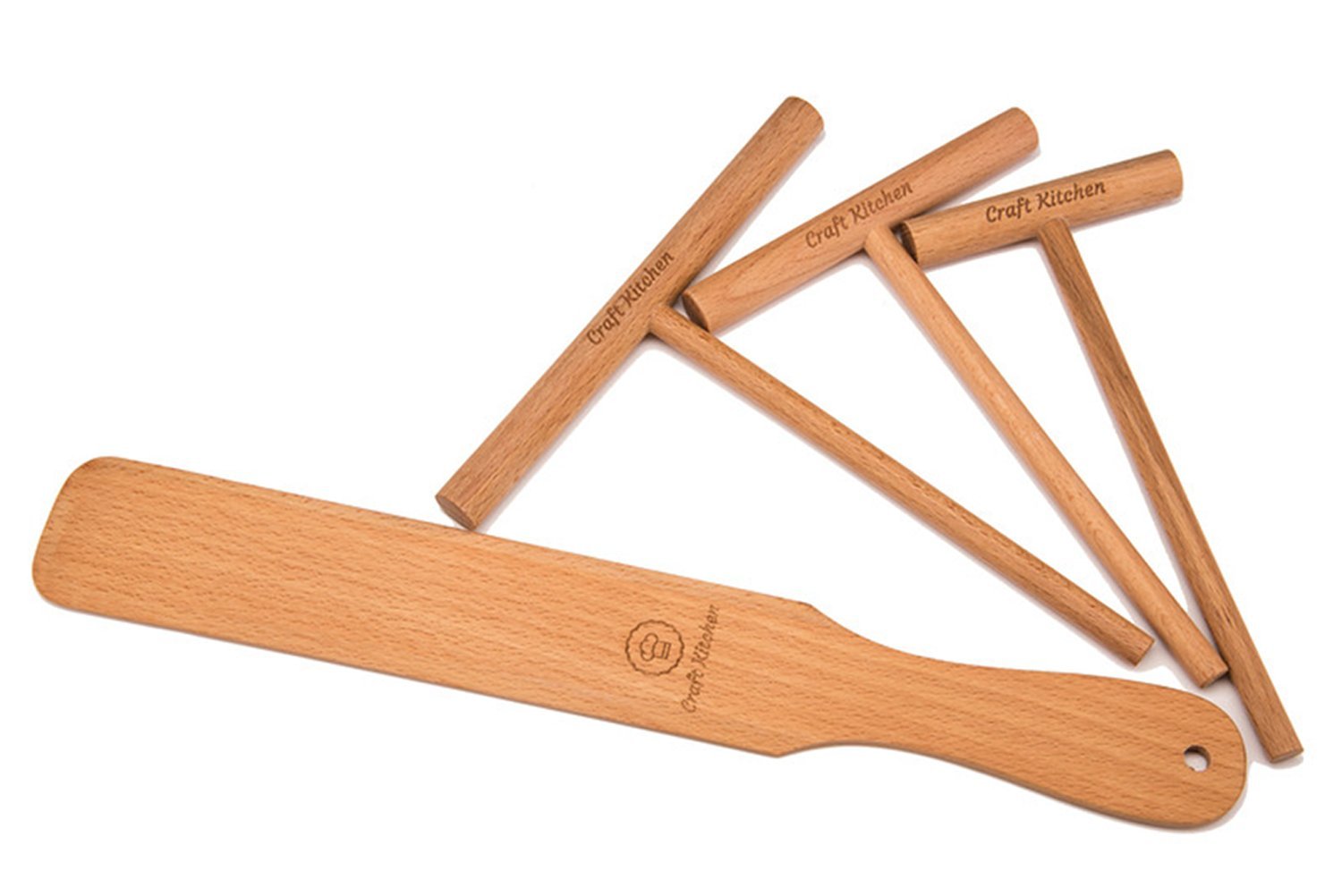 Craft Kitchen Crepe Spreader and Spatula Set - 4 Piece (Crepe Spatula 14" and 3.5", 5", 7" Crepe Spreaders) All Natural Beechwood and Finish - Comfortable Sizes Will Fit Any Crepe Pan - Made