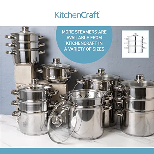 KitchenCraft KCCVSTEAM16 3 Tier Food Steamer Pan/Stock Pot in Gift Box, Induction Safe, Stainless Steel, 16 cm