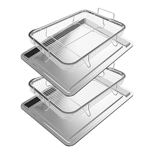 Linkidea 2 Small Roasting Pan with Rack Set, Stainless Steel Baking Cooling Rack Rectangle 12'' x 9'', Oven Tray and Safe Grid Wire Racks for Roasting