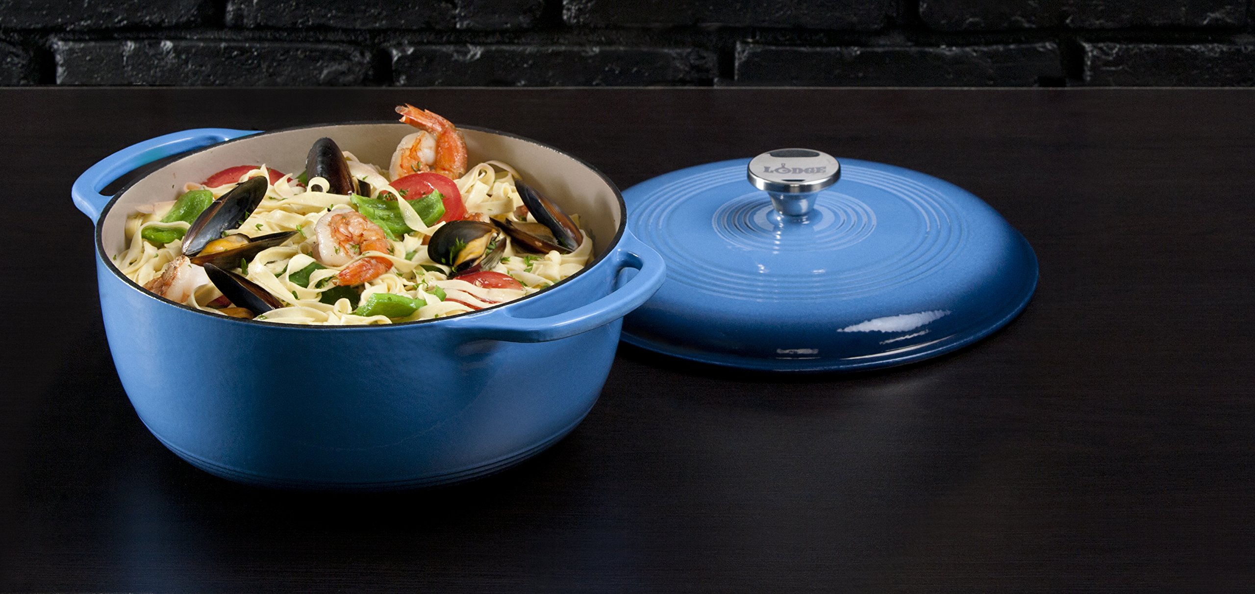 Lodge EC6D33 Enameled Cast Iron Dutch Oven, 6-Quart, Blue & Cast Iron Skillet with Red Silicone Hot Handle Holder, 12-inch