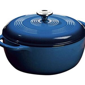 Lodge EC6D33 Enameled Cast Iron Dutch Oven, 6-Quart, Blue & Cast Iron Skillet with Red Silicone Hot Handle Holder, 12-inch