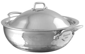 mauviel m'elite 5-ply hammered polished stainless steel splayed curved saute pan with dome lid, and cast stainless steel handles, 3.3-qt, made in france