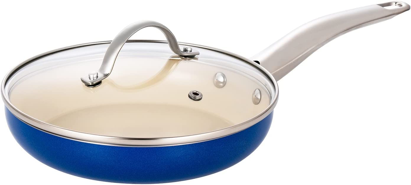 Qstar 8 inch Ceramic Nonstick Frying Saute Pan in Sapphire Blue with Lid and Stainless Steel Handle