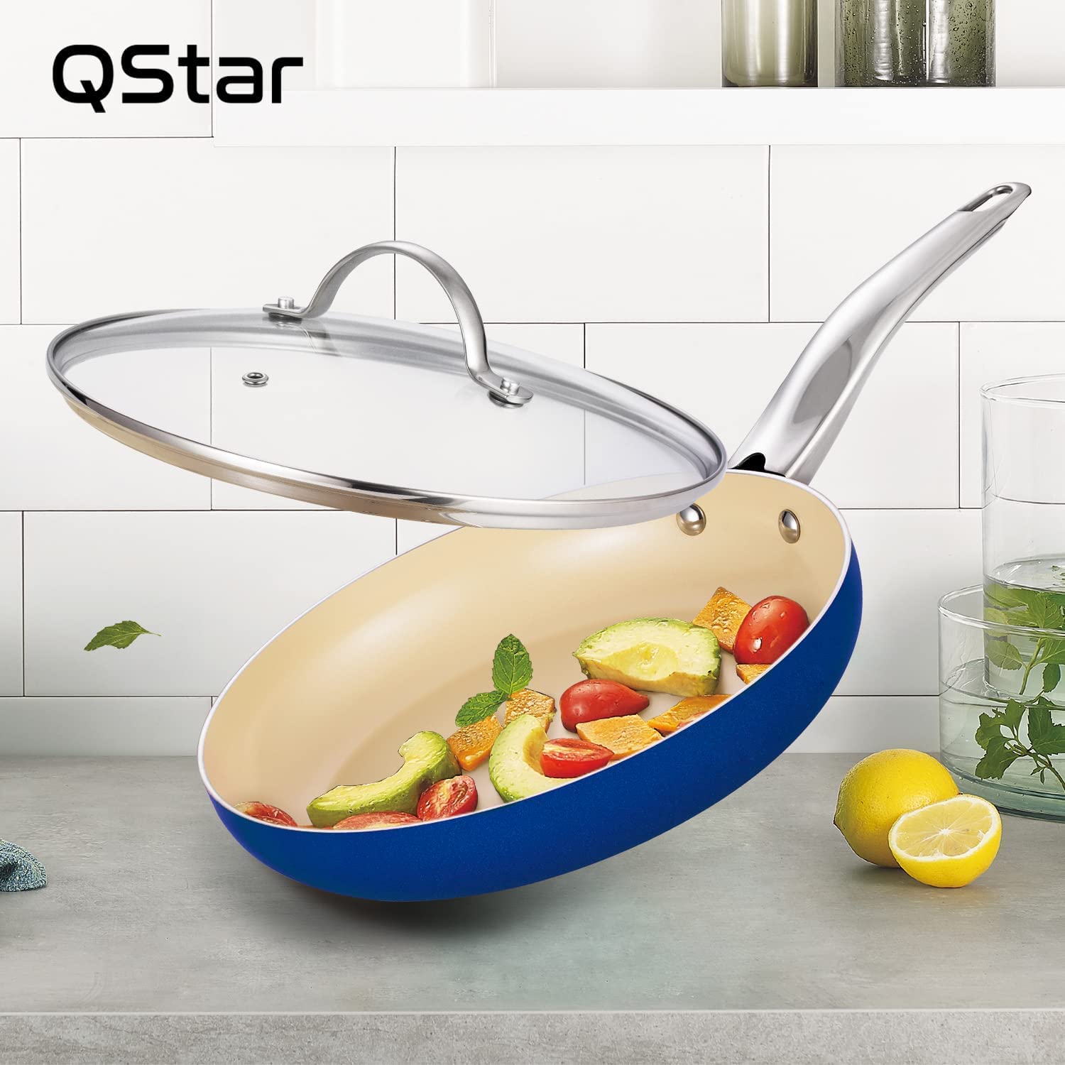 Qstar 8 inch Ceramic Nonstick Frying Saute Pan in Sapphire Blue with Lid and Stainless Steel Handle