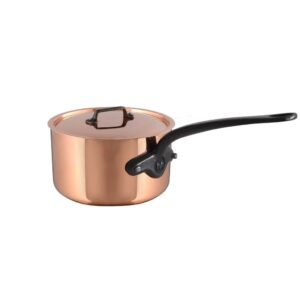 mauviel m'heritage m150ci 1.5mm polished copper & stainless steel saucepan with lid, and cast iron handles, 1.3-qt, made in france