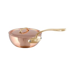 mauviel m'200 b 2mm polished copper & stainless steel splayed curved saute pan with lid, and brass, 3.7-qt, made in france