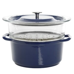 kenmore oak park cast iron dutch oven with lid and steamer, 5-quart, blue