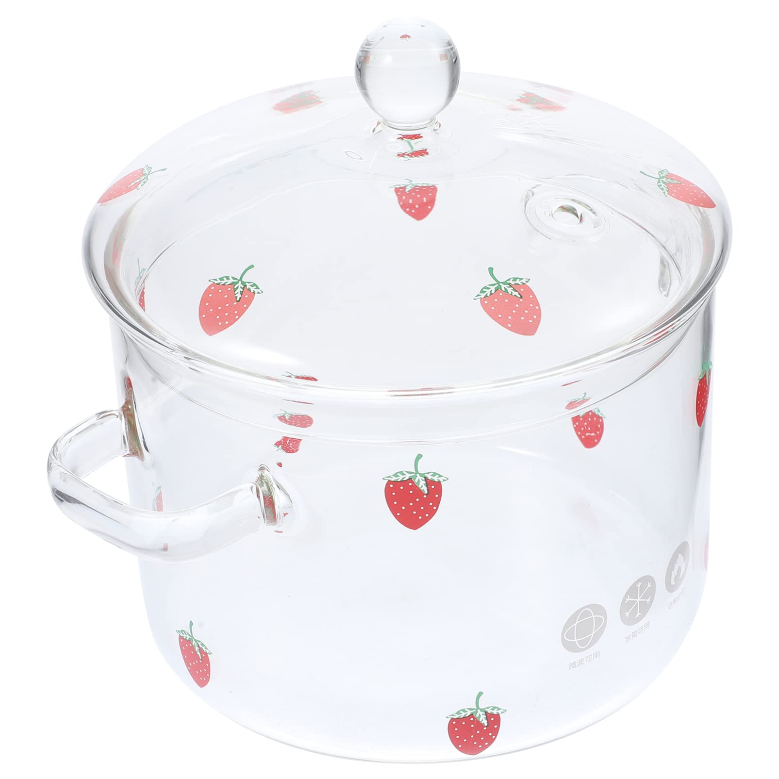 Yardwe Glass Saucepan Clear Glass Stockpot with Lid Handles Simmer Pot Glass Cookware for Milk Pasta Noodle Soup 1900ml Strawberry Pattern