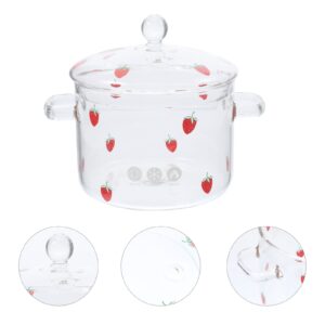 Yardwe Glass Saucepan Clear Glass Stockpot with Lid Handles Simmer Pot Glass Cookware for Milk Pasta Noodle Soup 1900ml Strawberry Pattern