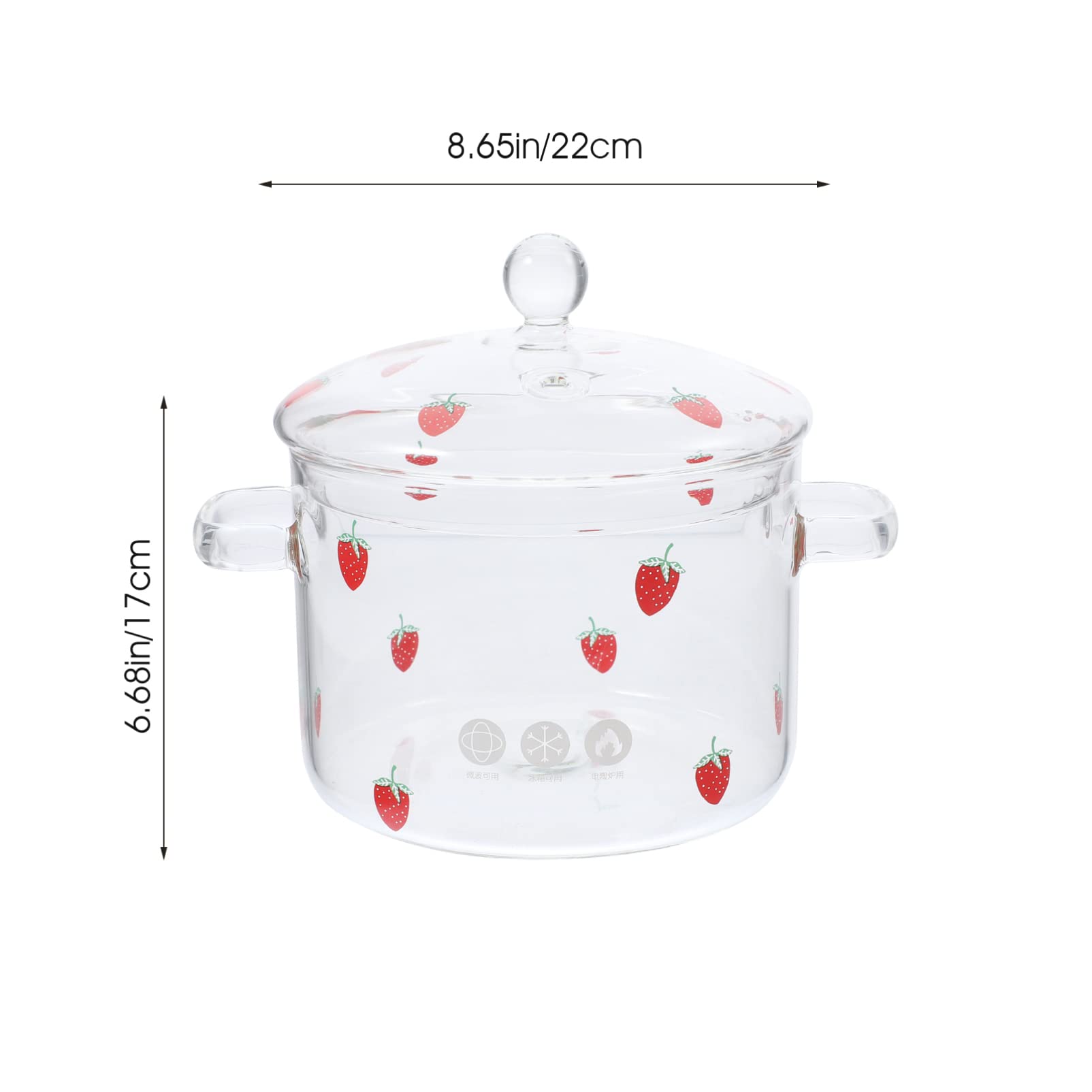 Yardwe Glass Saucepan Clear Glass Stockpot with Lid Handles Simmer Pot Glass Cookware for Milk Pasta Noodle Soup 1900ml Strawberry Pattern