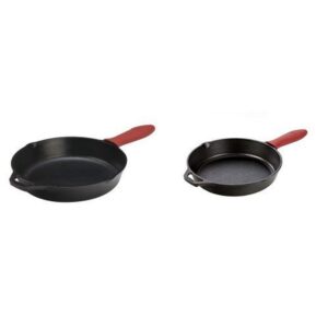 lodge manufacturing company cast iron skillet bundle: 12" and 10.25" with red silicone hot handle