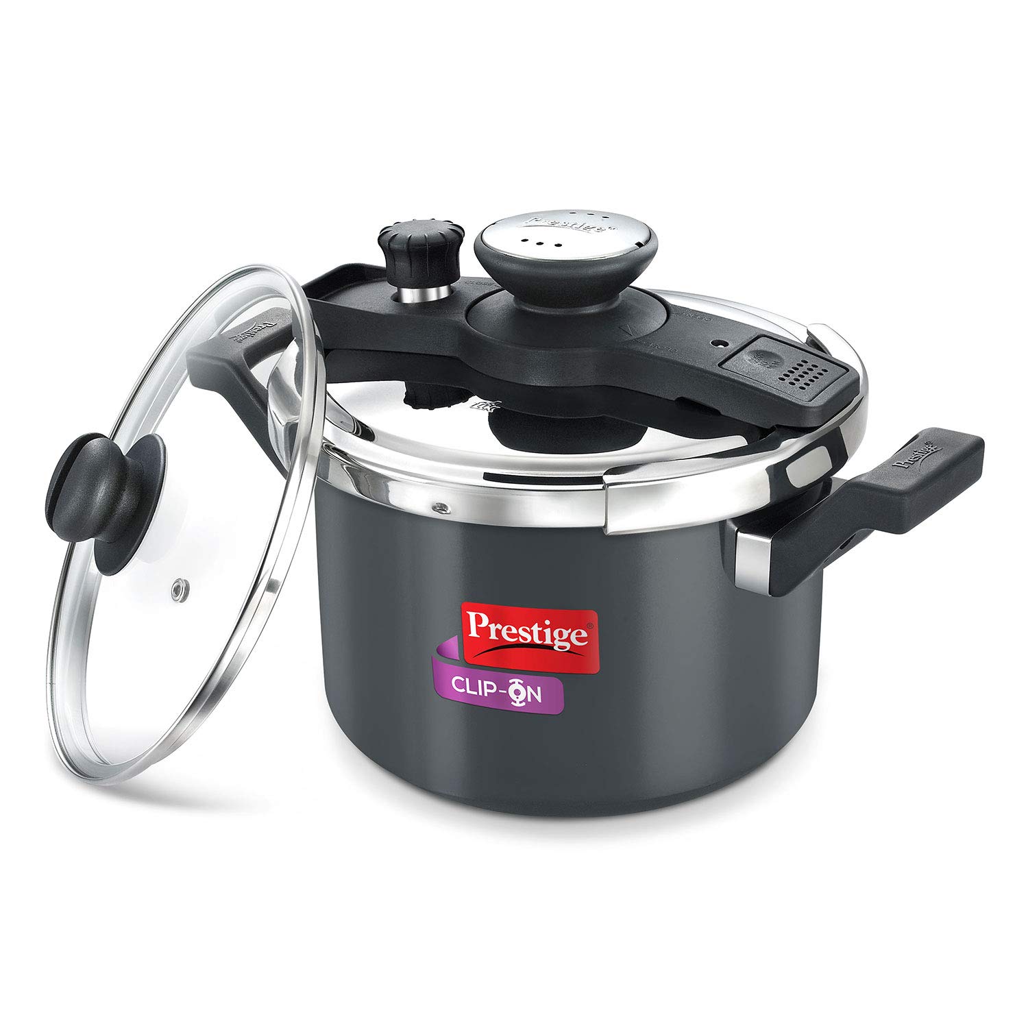 Prestige Clip On Hard Anodised Aluminum Pressure Cooker with Glass Lid, 5 Litres