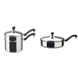 farberware classic stainless series 2-quart covered double boiler & classic stainless steel saute fry pan with lid, 2.75 quart, silver
