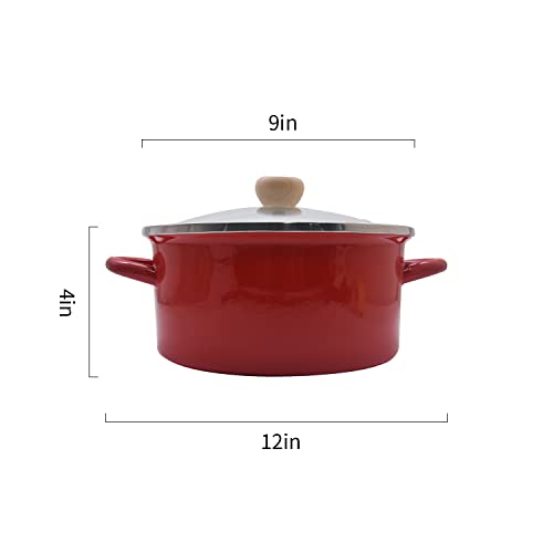 Enamel Saucepan with Glass Lids, 4 Quart Multipurpose Stockpot with Lid, Sauce Pot, Cooking Pot with Double Handles, Stew Pot, Simmering Pot, Soup Pot (4 QT, Red)