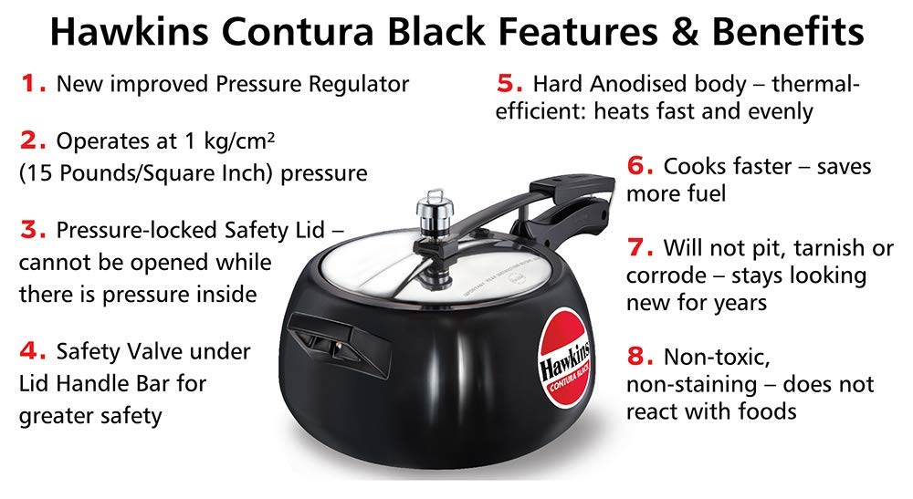 HAWKINS Hawkins Contura Black Pressure Cooker, 5 Litre, Black (Hard Anodized - CB50), Medium