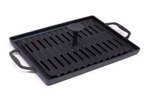 grillville usa cast iron grill pan and press, indoor/outdoor grill pan and weighted press set, porcelain enamel coating, use on the stovetop or grill, vented design keeps food crisp